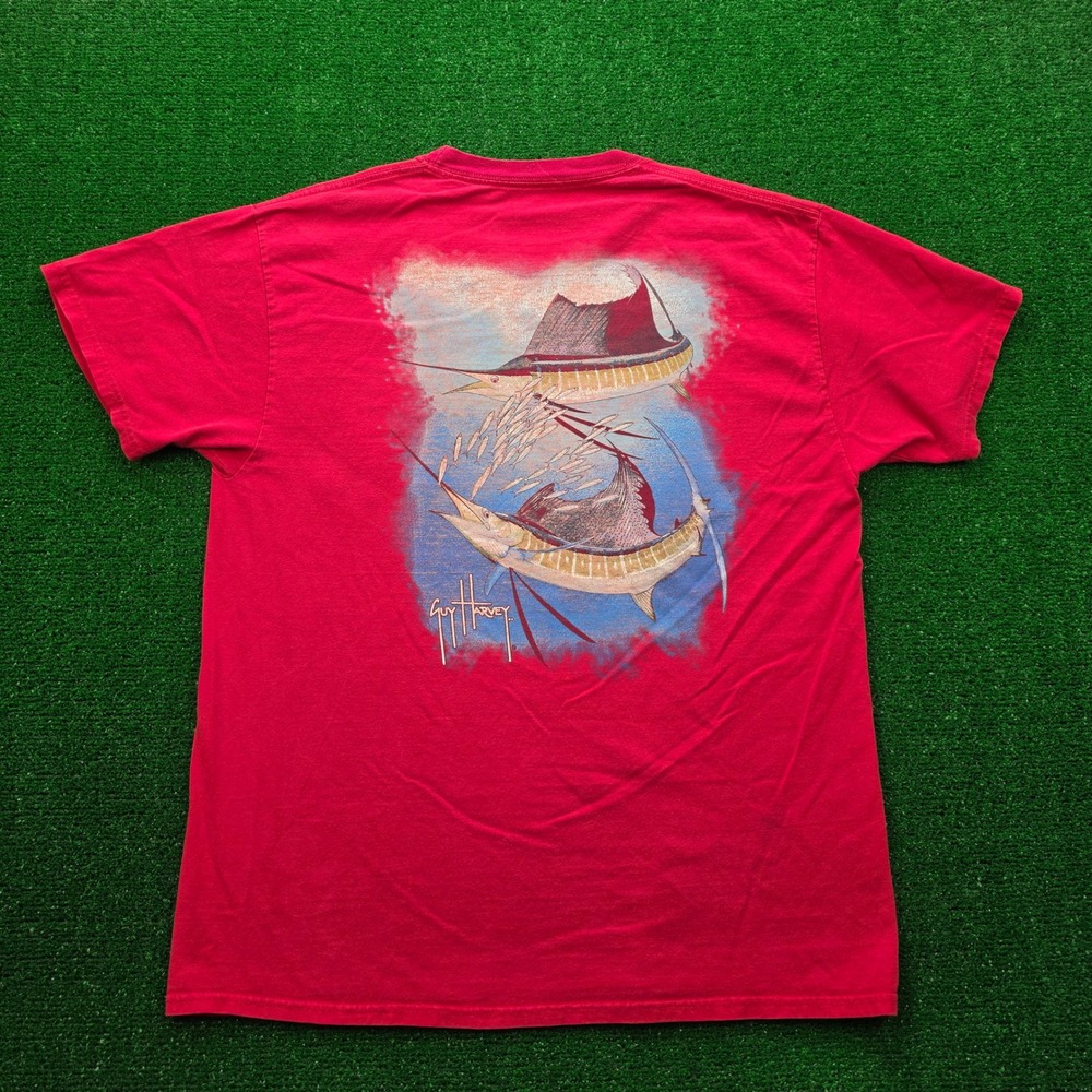 Guy Harvey Pocket Tshirt Mens Large Red Dual Billfish Graphic Tee Sailfish